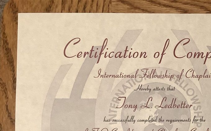 Received my Advanced Chaplain Certification with IFOC through Manna University