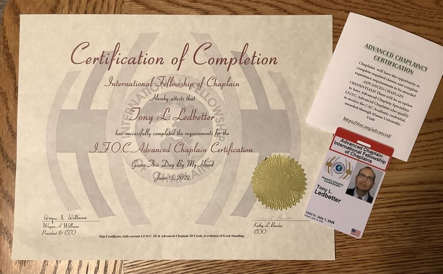 Received my Advanced Chaplain Certification with IFOC through Manna University